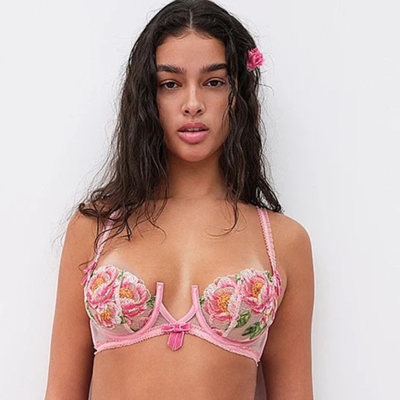 For Love & Lemons Needle Point Roses Underwire Bra Pink XS NEW